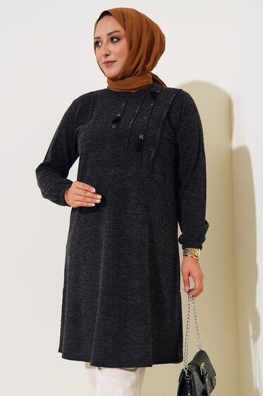Nervür Dikişli Düğme Detaylı Büyük Beden Tunik Siyah - Tunik