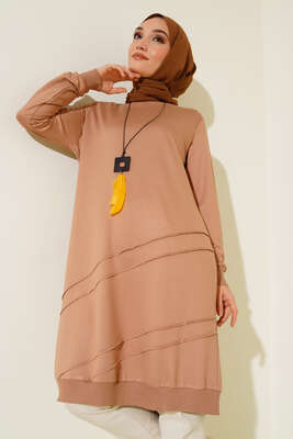 Nervür Dikişli Kolyeli Uzun Tunik Bej 