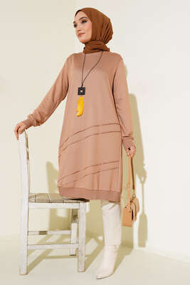 Nervür Dikişli Kolyeli Uzun Tunik Bej - Tunik