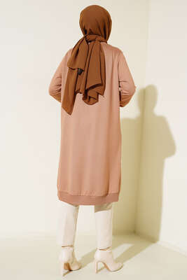 Nervür Dikişli Kolyeli Uzun Tunik Bej - Tunik