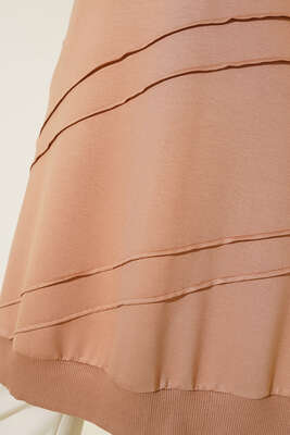 Nervür Dikişli Kolyeli Uzun Tunik Bej - Tunik