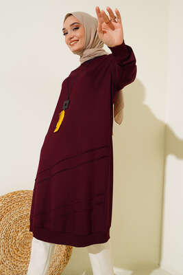 Nervür Dikişli Kolyeli Uzun Tunik Bordo 