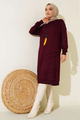 Nervür Dikişli Kolyeli Uzun Tunik Bordo - Tunik