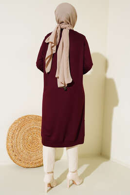 Nervür Dikişli Kolyeli Uzun Tunik Bordo - Tunik