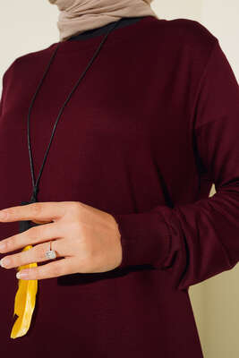 Nervür Dikişli Kolyeli Uzun Tunik Bordo - Tunik