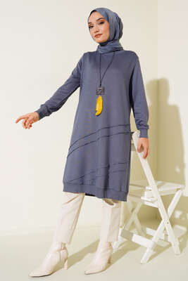Nervür Dikişli Kolyeli Uzun Tunik Gri 