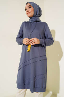 Nervür Dikişli Kolyeli Uzun Tunik Gri - Tunik