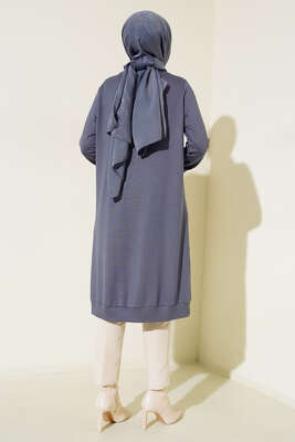 Nervür Dikişli Kolyeli Uzun Tunik Gri - Tunik