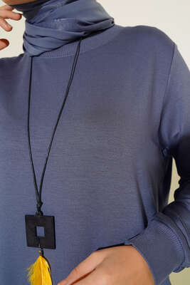 Nervür Dikişli Kolyeli Uzun Tunik Gri - Tunik