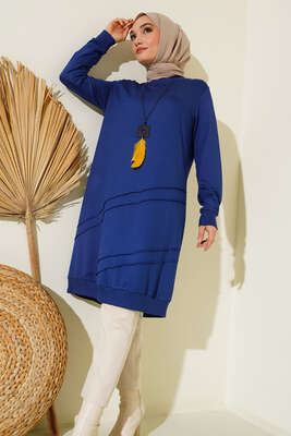 Nervür Dikişli Kolyeli Uzun Tunik İndigo 