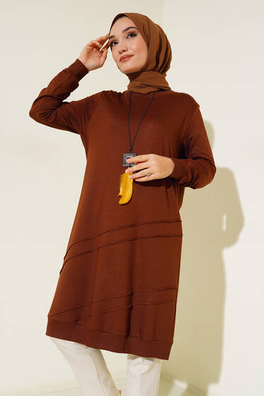 Nervür Dikişli Kolyeli Uzun Tunik Kahve - Tunik