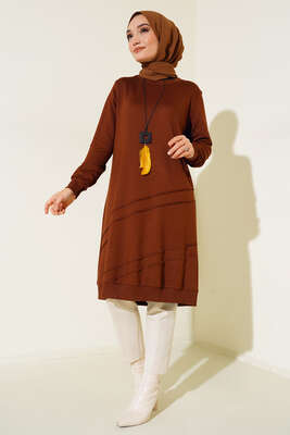 Nervür Dikişli Kolyeli Uzun Tunik Kahve - Tunik