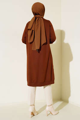 Nervür Dikişli Kolyeli Uzun Tunik Kahve - Tunik