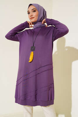 Nervür Dikişli Kolyeli Uzun Tunik Lila 