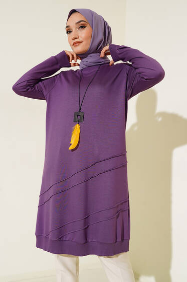 Nervür Dikişli Kolyeli Uzun Tunik Lila - Tunik