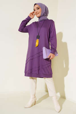 Nervür Dikişli Kolyeli Uzun Tunik Lila - Tunik