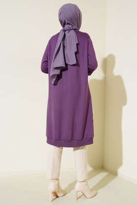 Nervür Dikişli Kolyeli Uzun Tunik Lila - Tunik