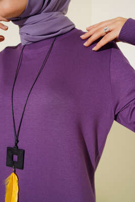 Nervür Dikişli Kolyeli Uzun Tunik Lila - Tunik