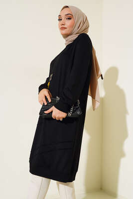 Nervür Dikişli Kolyeli Uzun Tunik Siyah - MY STİL