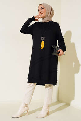 Nervür Dikişli Kolyeli Uzun Tunik Siyah - Tunik
