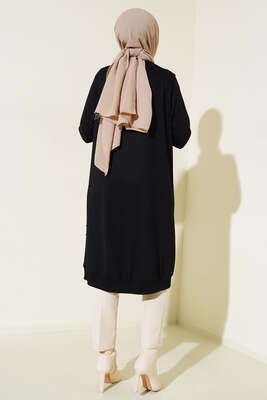 Nervür Dikişli Kolyeli Uzun Tunik Siyah - Tunik