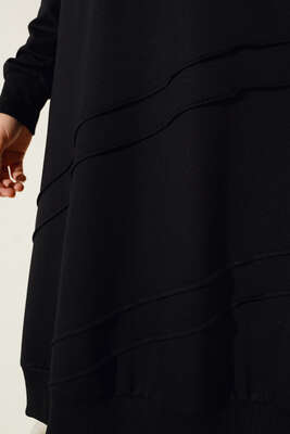 Nervür Dikişli Kolyeli Uzun Tunik Siyah - Tunik