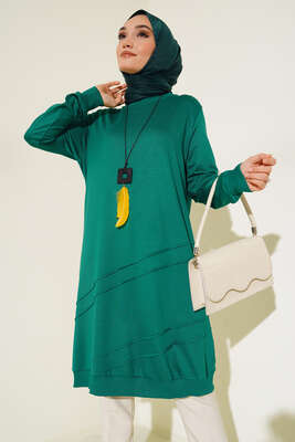 Nervür Dikişli Kolyeli Uzun Tunik Yeşil - MY STİL