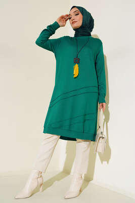 Nervür Dikişli Kolyeli Uzun Tunik Yeşil - Tunik