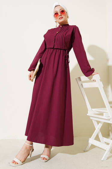 Nervür Yelekli Poplin Elbise Bordo - Elbise