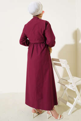 Nervür Yelekli Poplin Elbise Bordo - Tesettür Elbise