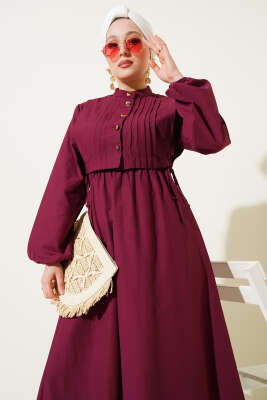 Nervür Yelekli Poplin Elbise Bordo - Tesettür Elbise