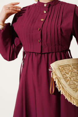 Nervür Yelekli Poplin Elbise Bordo - Tesettür Elbise