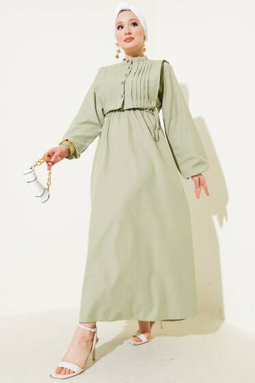 Nervür Yelekli Poplin Elbise Çağla Yeşili - Elbise