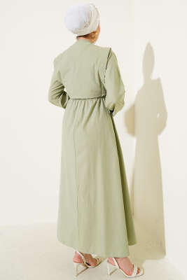 Nervür Yelekli Poplin Elbise Çağla Yeşili - Tesettür Elbise