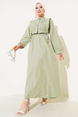 Nervür Yelekli Poplin Elbise Çağla Yeşili - DUFON