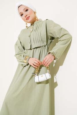 Nervür Yelekli Poplin Elbise Çağla Yeşili - Tesettür Elbise