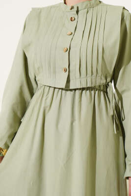 Nervür Yelekli Poplin Elbise Çağla Yeşili - Tesettür Elbise