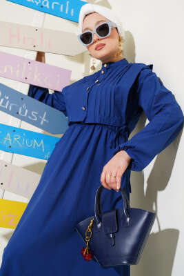 Nervür Yelekli Poplin Elbise Lacivert 