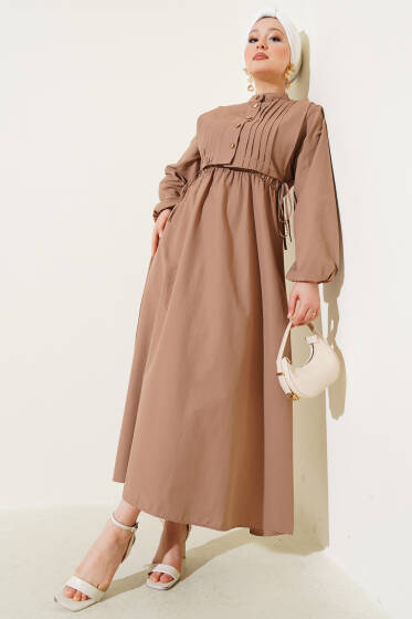Nervür Yelekli Poplin Elbise Latte - Elbise