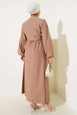 Nervür Yelekli Poplin Elbise Latte - Tesettür Elbise
