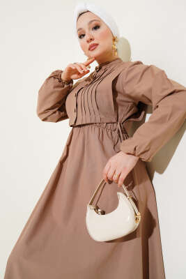 Nervür Yelekli Poplin Elbise Latte - Tesettür Elbise