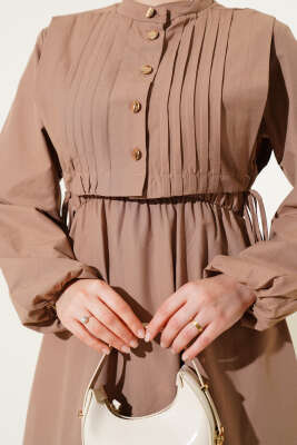 Nervür Yelekli Poplin Elbise Latte - Tesettür Elbise