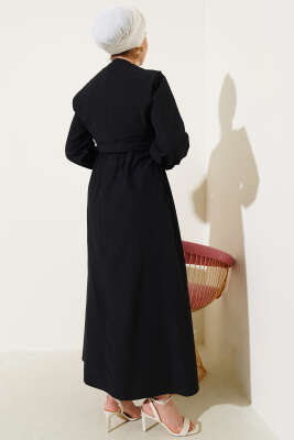 Nervür Yelekli Poplin Elbise Siyah - Tesettür Elbise