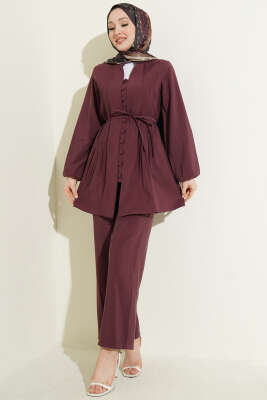 Nervürlü Brit Düğmeli Modal İkili Takım Bordo - MUSTİ