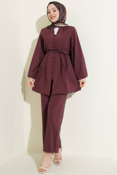 Nervürlü Brit Düğmeli Modal İkili Takım Bordo - İkili Takım
