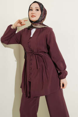 Nervürlü Brit Düğmeli Modal İkili Takım Bordo - İkili Takım