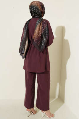 Nervürlü Brit Düğmeli Modal İkili Takım Bordo - İkili Takım