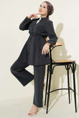 Nervürlü Brit Düğmeli Modal İkili Takım Füme - MUSTİ