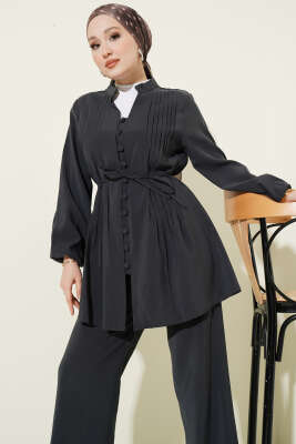 Nervürlü Brit Düğmeli Modal İkili Takım Füme - İkili Takım