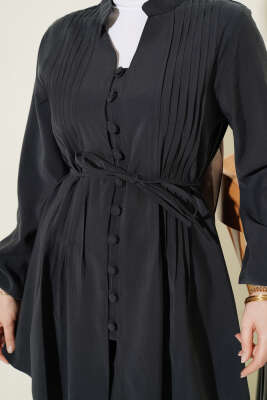 Nervürlü Brit Düğmeli Modal İkili Takım Füme - İkili Takım